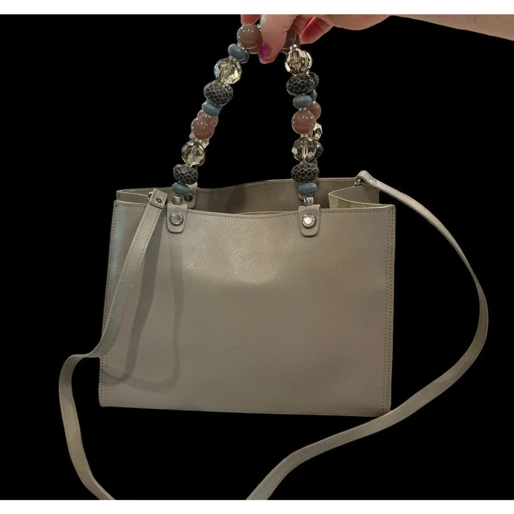 Roberta Gandolfi Taupe Leather Handbag with Beaded Handle